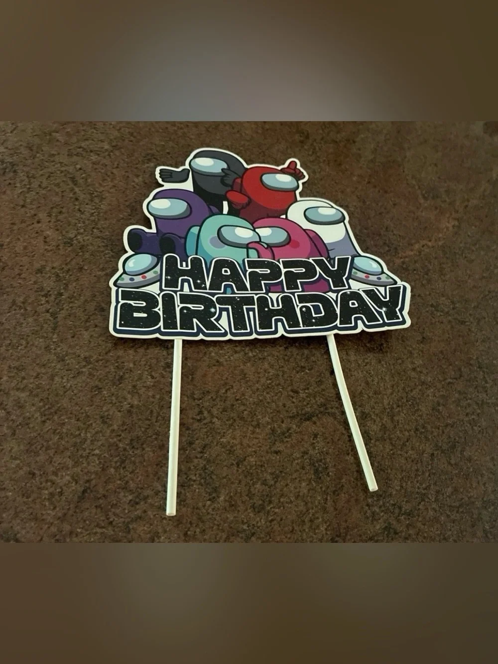 Among Us Style Happy Birthday Cake Topper - Multicolor